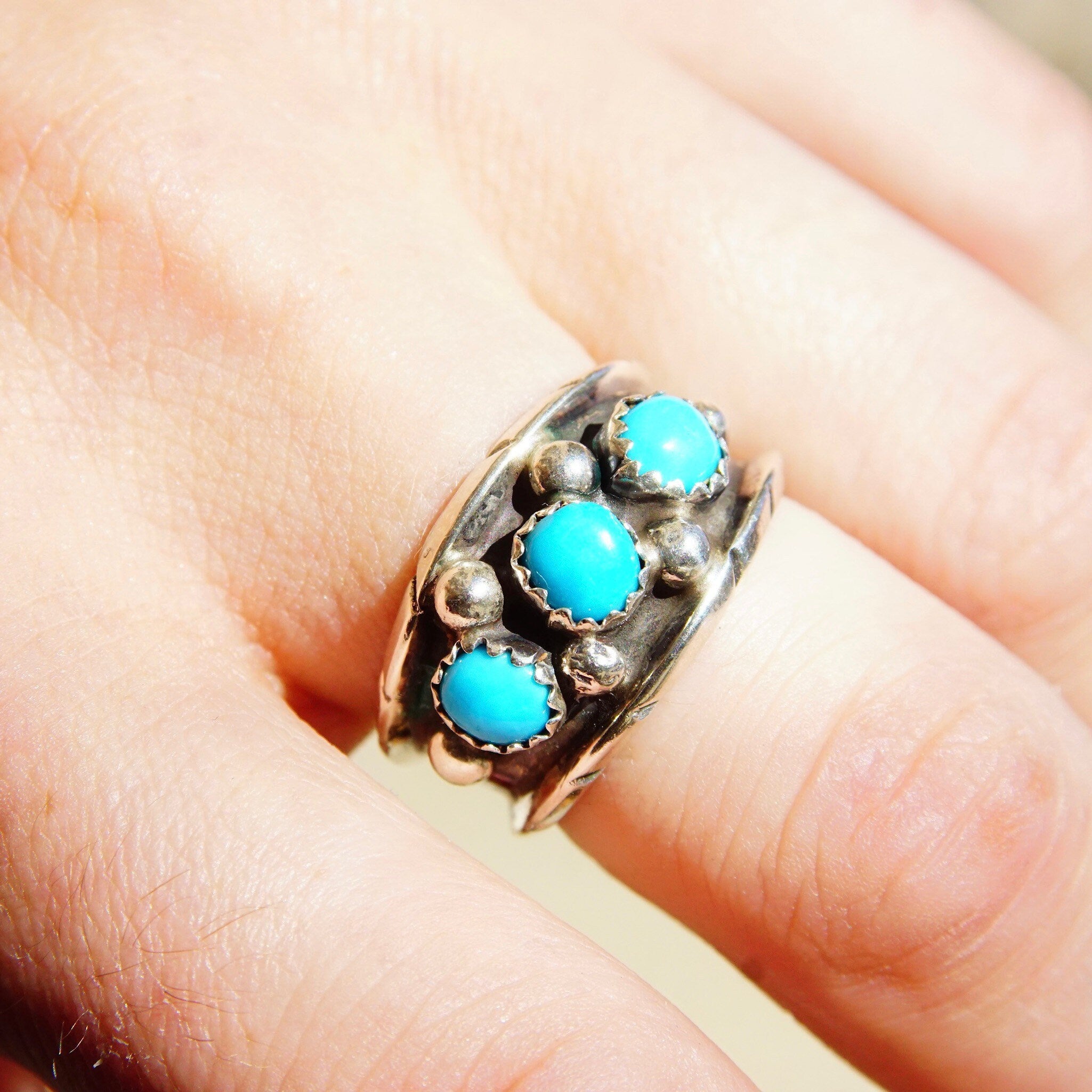 Vintage Signed ML Sterling Silver 3-Stone Turquoise Ring, Accent Silver Drops, Oxidized/Hammered Details, Native American, Size 8 1/4 US