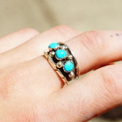 Vintage Signed ML Sterling Silver 3-Stone Turquoise Ring, Accent Silver Drops, Oxidized/Hammered Details, Native American, Size 8 1/4 US