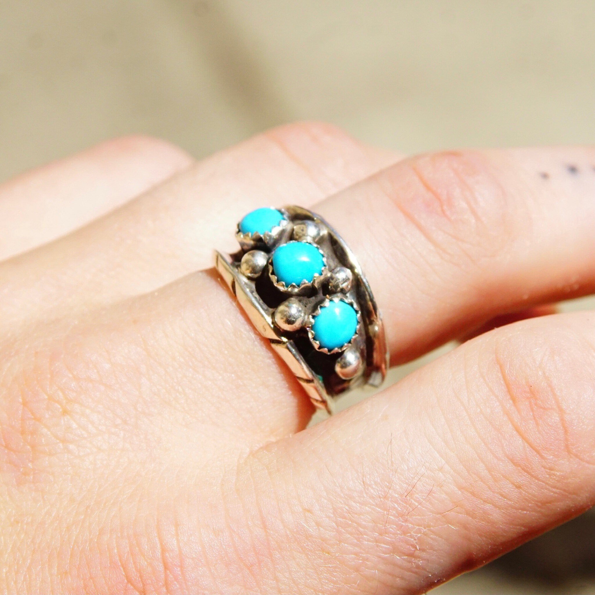 Vintage Signed ML Sterling Silver 3-Stone Turquoise Ring, Accent Silver Drops, Oxidized/Hammered Details, Native American, Size 8 1/4 US