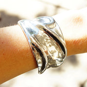 Vintage Charles Kyprell Modernist Sterling Silver Sculptural Cuff Bracelet, Shiny Silver Ripple/Wave Cuff, Wide Cuff Bracelet, 5 3/4" L