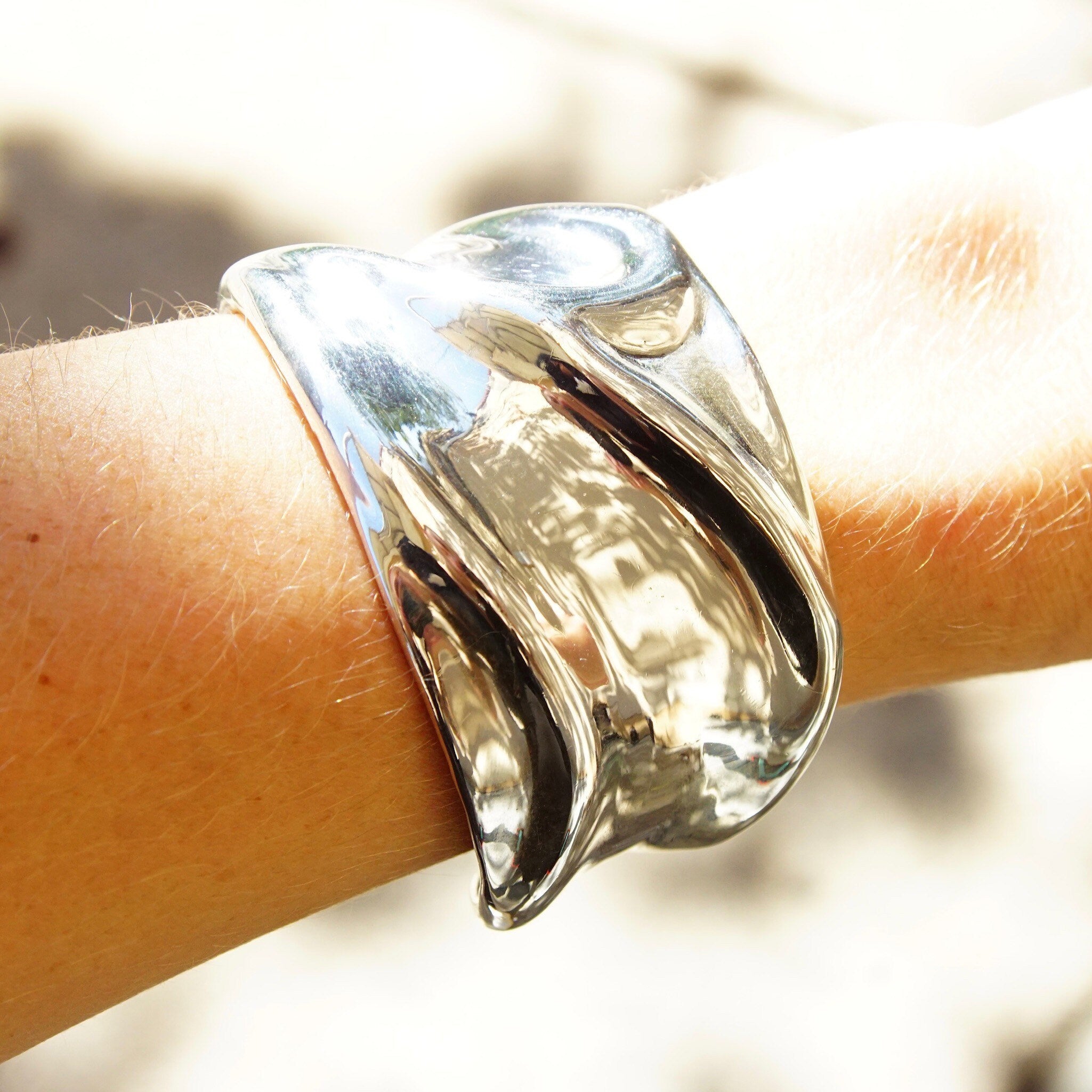 Vintage Charles Kyprell Modernist Sterling Silver Sculptural Cuff Bracelet, Shiny Silver Ripple/Wave Cuff, Wide Cuff Bracelet, 5 3/4" L