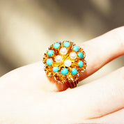 14K Turquoise Seed Pearl Bombe Ring, Gemstone Flower Cluster Cocktail Ring, Size 6 3/4 US