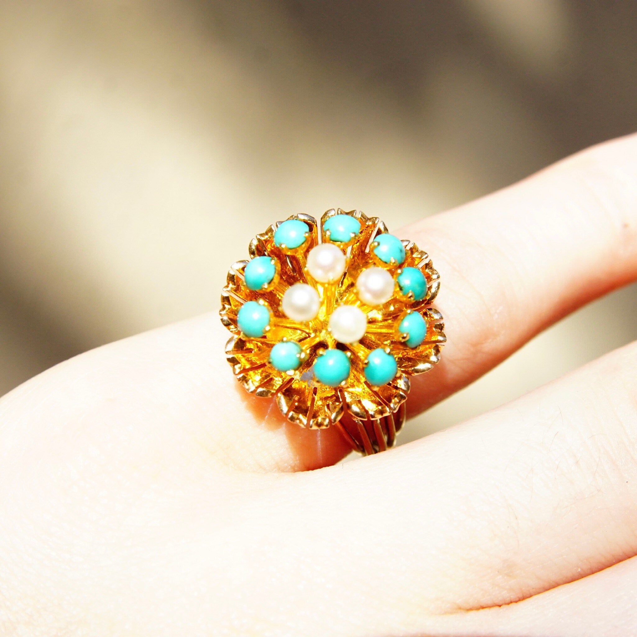 14K Turquoise Seed Pearl Bombe Ring, Gemstone Flower Cluster Cocktail Ring, Size 6 3/4 US