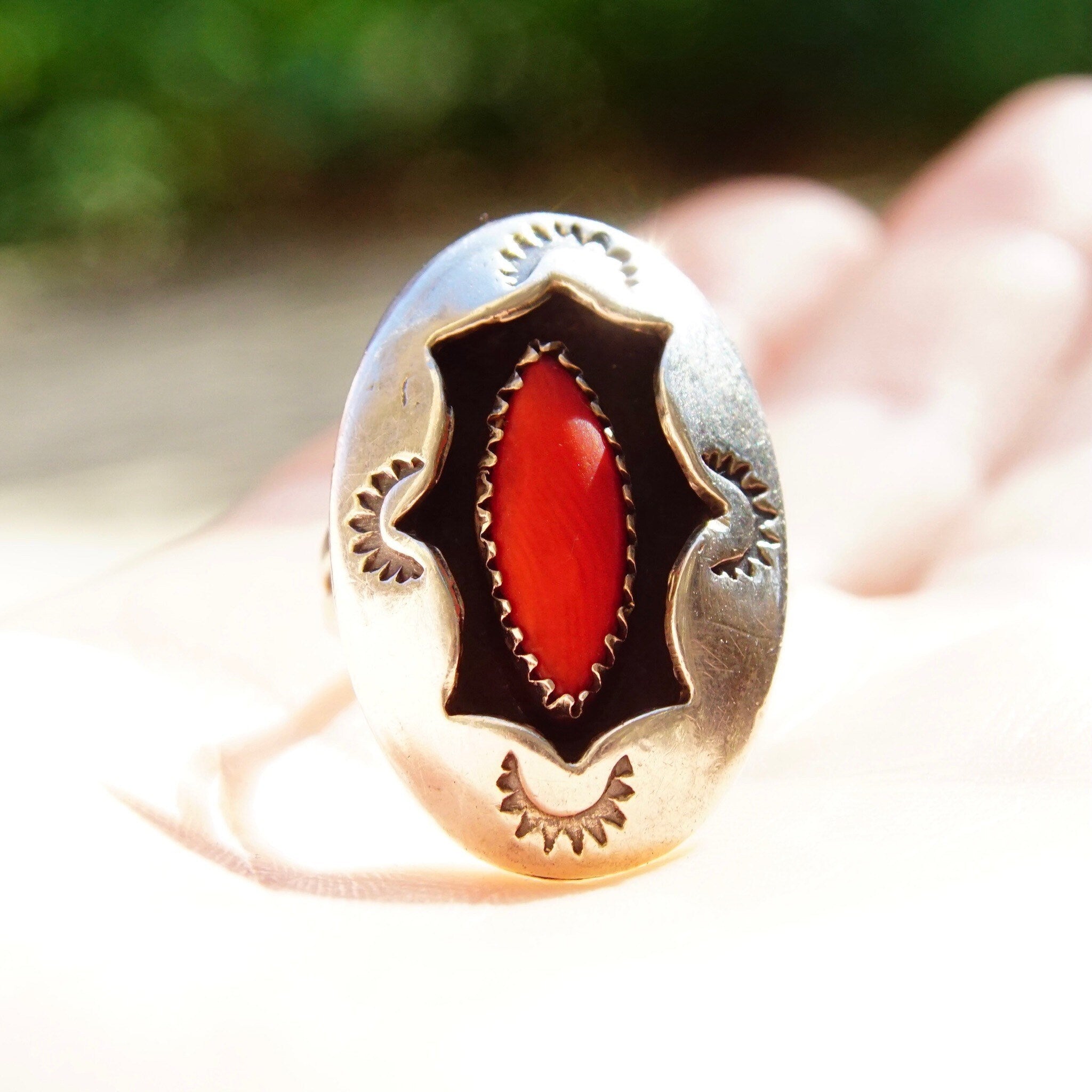 Vintage Native American Silver & Red Coral Ring, Hammered Silver Face With Oxidized Cut-Out, Marquise Gemstone In Jagged Bezel, Size 8 US