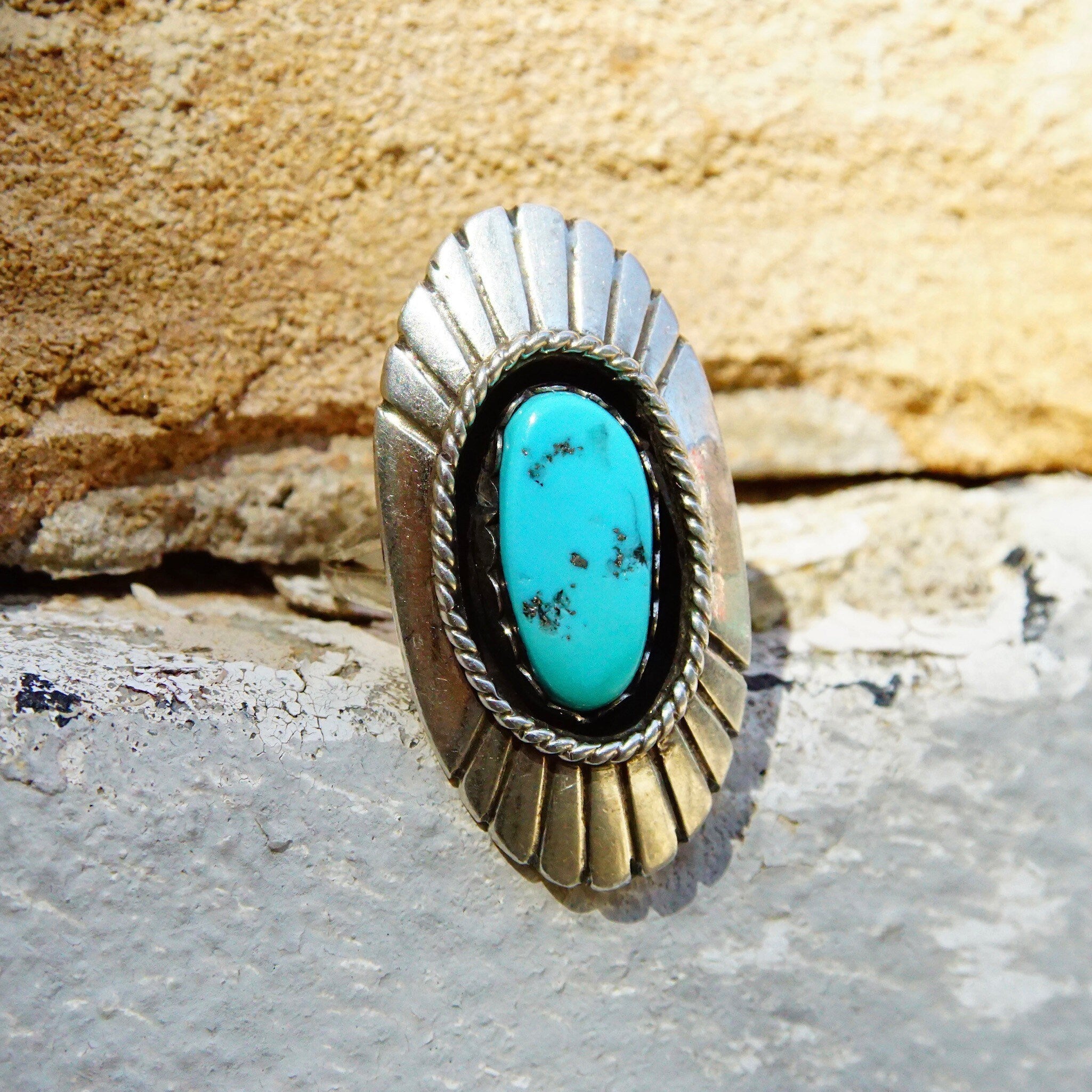 Vintage Native American Sterling Silver Turquoise Ring, Long Silver Face With Engraved Lines, Blue Turquoise Gemstone, Size 6 US