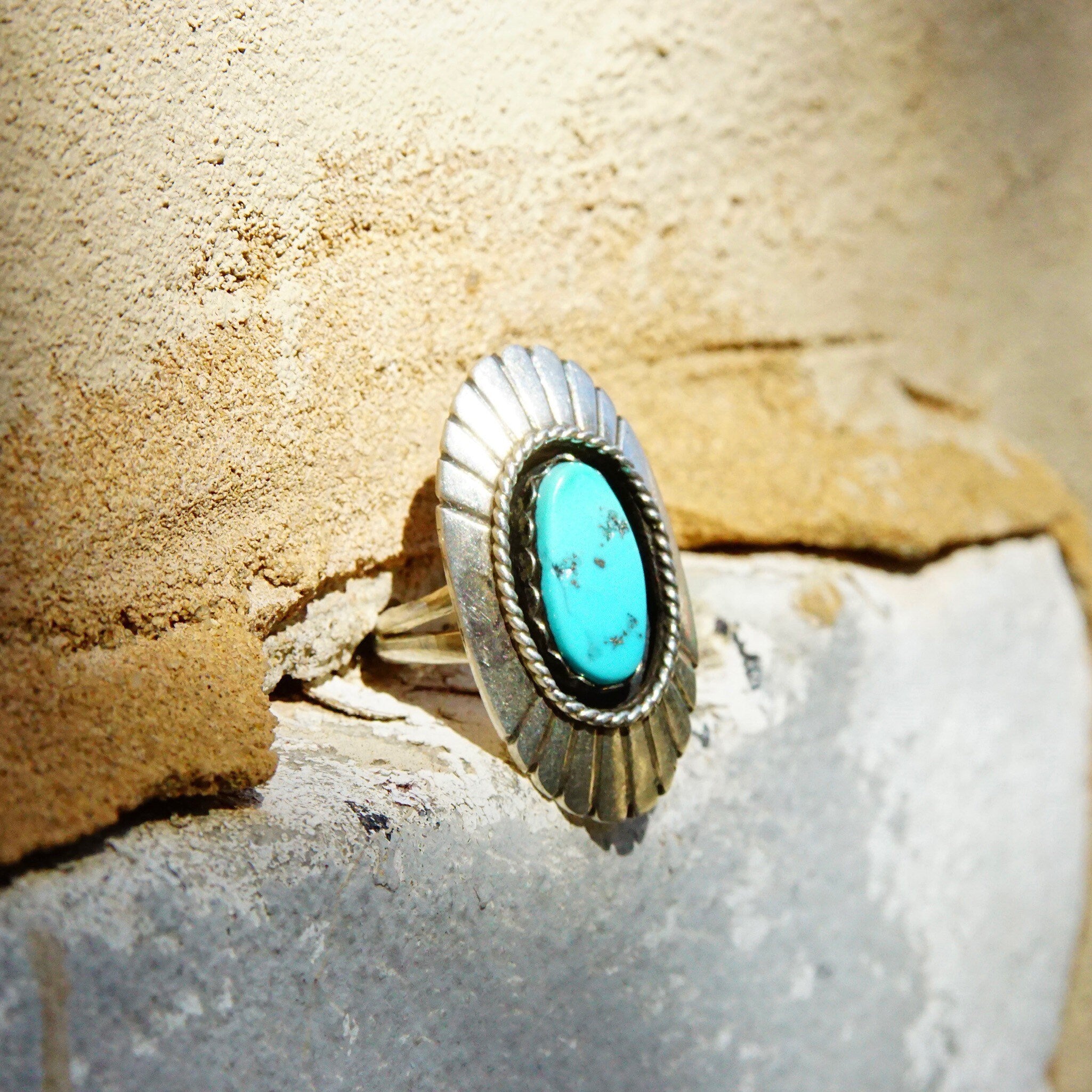 Vintage Native American Sterling Silver Turquoise Ring, Long Silver Face With Engraved Lines, Blue Turquoise Gemstone, Size 6 US