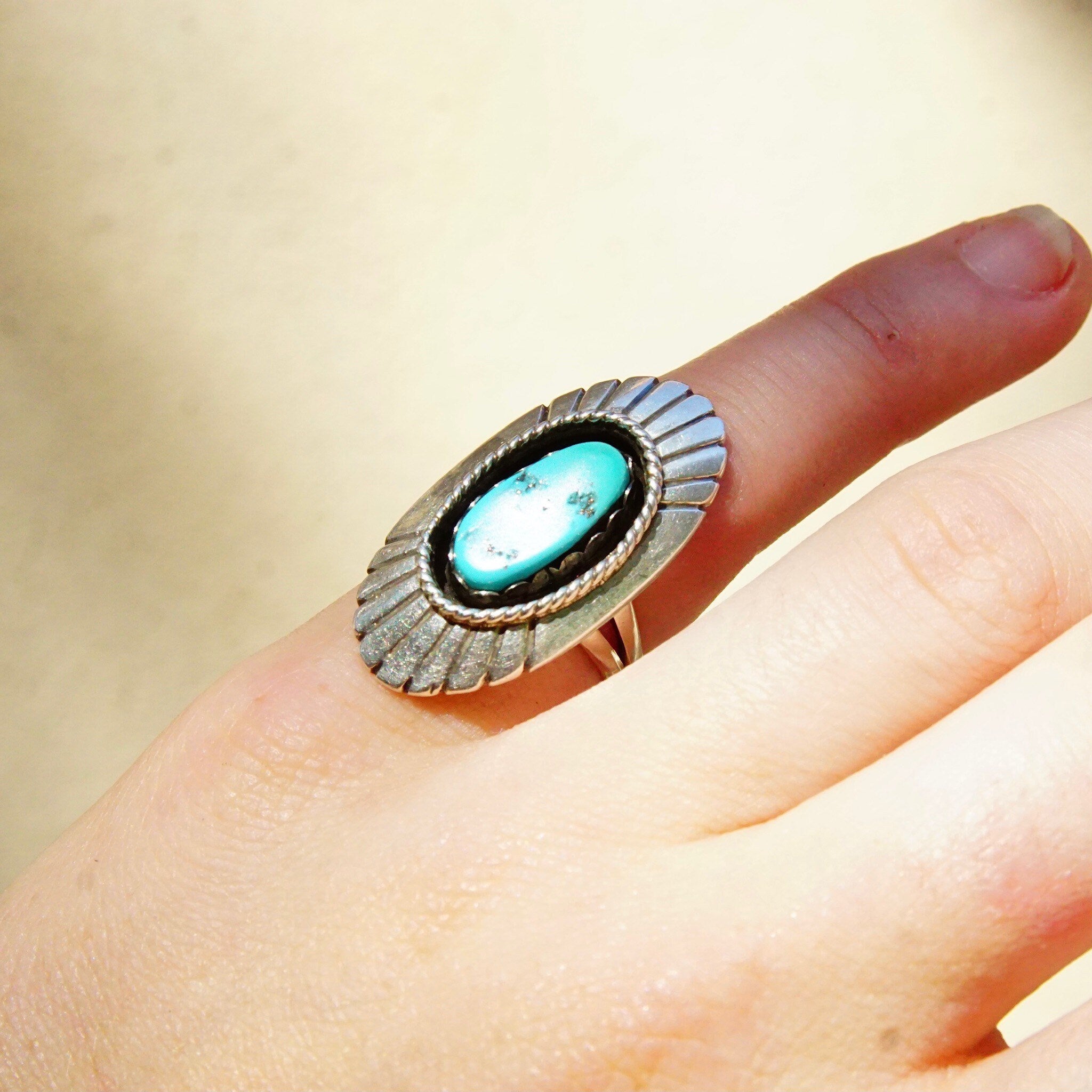 Vintage Native American Sterling Silver Turquoise Ring, Long Silver Face With Engraved Lines, Blue Turquoise Gemstone, Size 6 US
