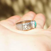 Vintage Sterling Silver Turquoise Ring, Textured Silver Ring With Engraved Bear Design, Green Turquoise Stone, Size 5 US