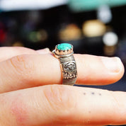 Vintage Sterling Silver Turquoise Ring, Textured Silver Ring With Engraved Bear Design, Green Turquoise Stone, Size 5 US