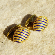 Vintage Cartier Style 18K Yellow Gold Blue Enamel Olive Cufflinks, Heavy Gold Cufflinks W/ Woven Details & Enameled Toggle, 22mm x 15mm