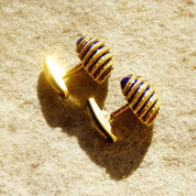 Vintage Cartier Style 18K Yellow Gold Blue Enamel Olive Cufflinks, Heavy Gold Cufflinks W/ Woven Details & Enameled Toggle, 22mm x 15mm
