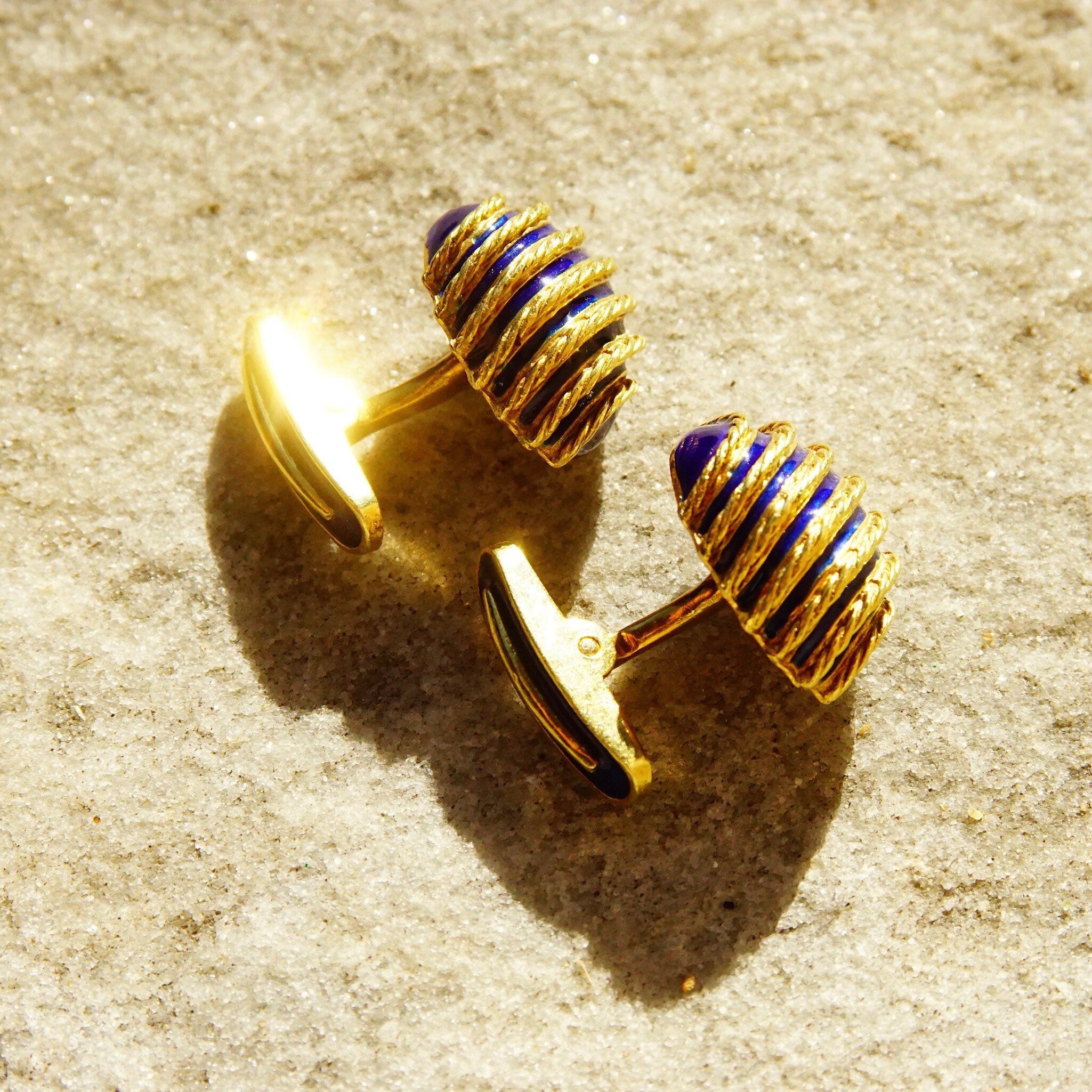 Vintage Cartier Style 18K Yellow Gold Blue Enamel Olive Cufflinks, Heavy Gold Cufflinks W/ Woven Details & Enameled Toggle, 22mm x 15mm