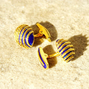 Vintage Cartier Style 18K Yellow Gold Blue Enamel Olive Cufflinks, Heavy Gold Cufflinks W/ Woven Details & Enameled Toggle, 22mm x 15mm