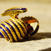 Vintage Cartier Style 18K Yellow Gold Blue Enamel Olive Cufflinks, Heavy Gold Cufflinks W/ Woven Details & Enameled Toggle, 22mm x 15mm