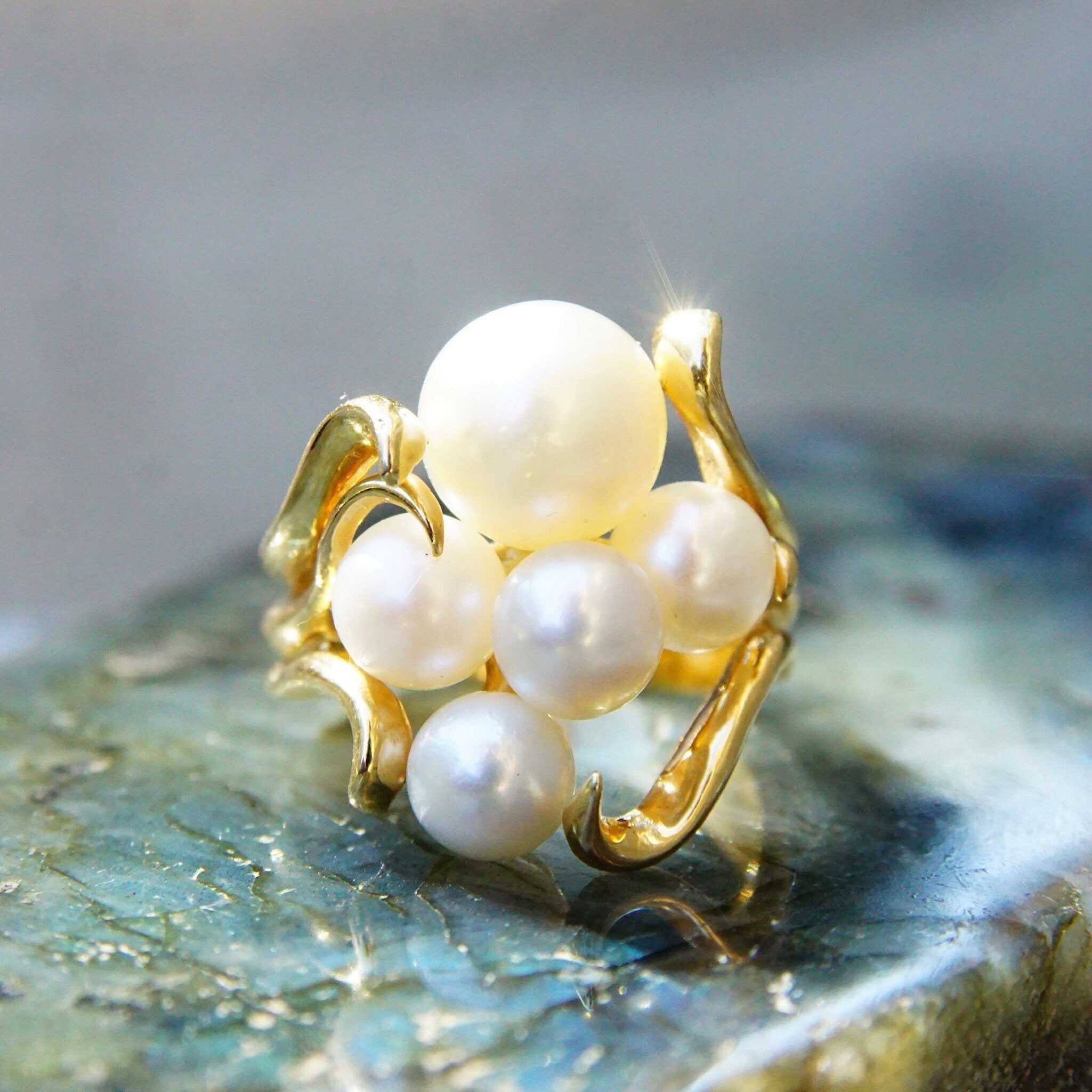 Vintage 14K Yellow Gold Pearl Cluster Ring, 5 Iridescent Pearls In Ornate Gold Setting, Art Deco/Nouveau, Hallmarked Lebold, Size 6 3/4 US