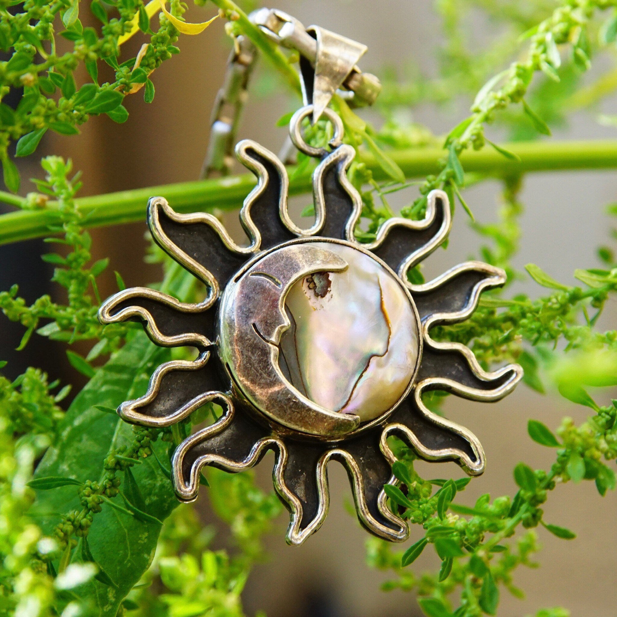 Vintage Sterling Silver Abalone Sun & Moon Pendant, Oxidized Silver Sun Pendant, Iridescent Shell With Silver Moon Overlay, Mexico 925