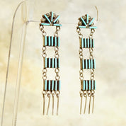 Vintage Zuni Sterling Silver Needlepoint Turquoise Ladder Dangle Earrings, Handmade Chandelier Earrings, Native American Jewelry, 2 3/4 US