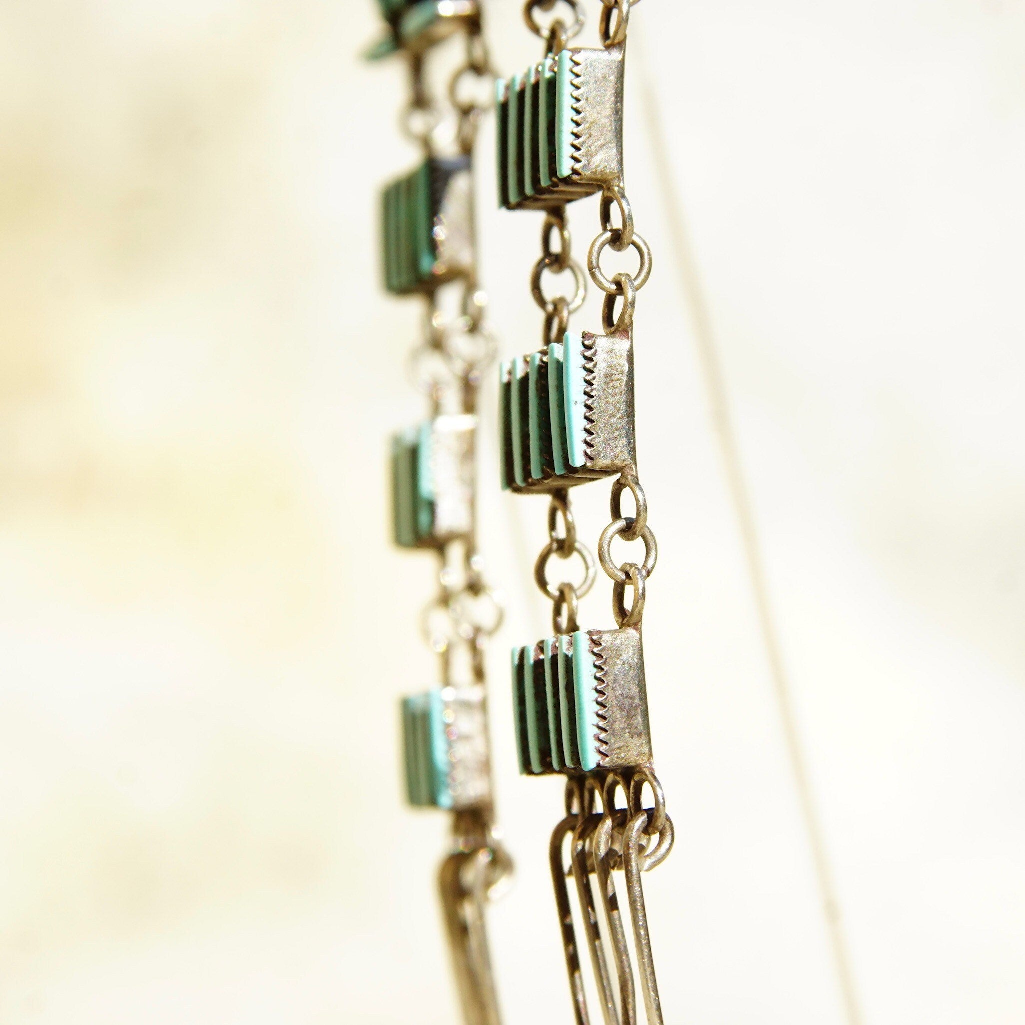 Vintage Zuni Sterling Silver Needlepoint Turquoise Ladder Dangle Earrings, Handmade Chandelier Earrings, Native American Jewelry, 2 3/4 US