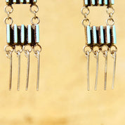 Vintage Zuni Sterling Silver Needlepoint Turquoise Ladder Dangle Earrings, Handmade Chandelier Earrings, Native American Jewelry, 2 3/4 US