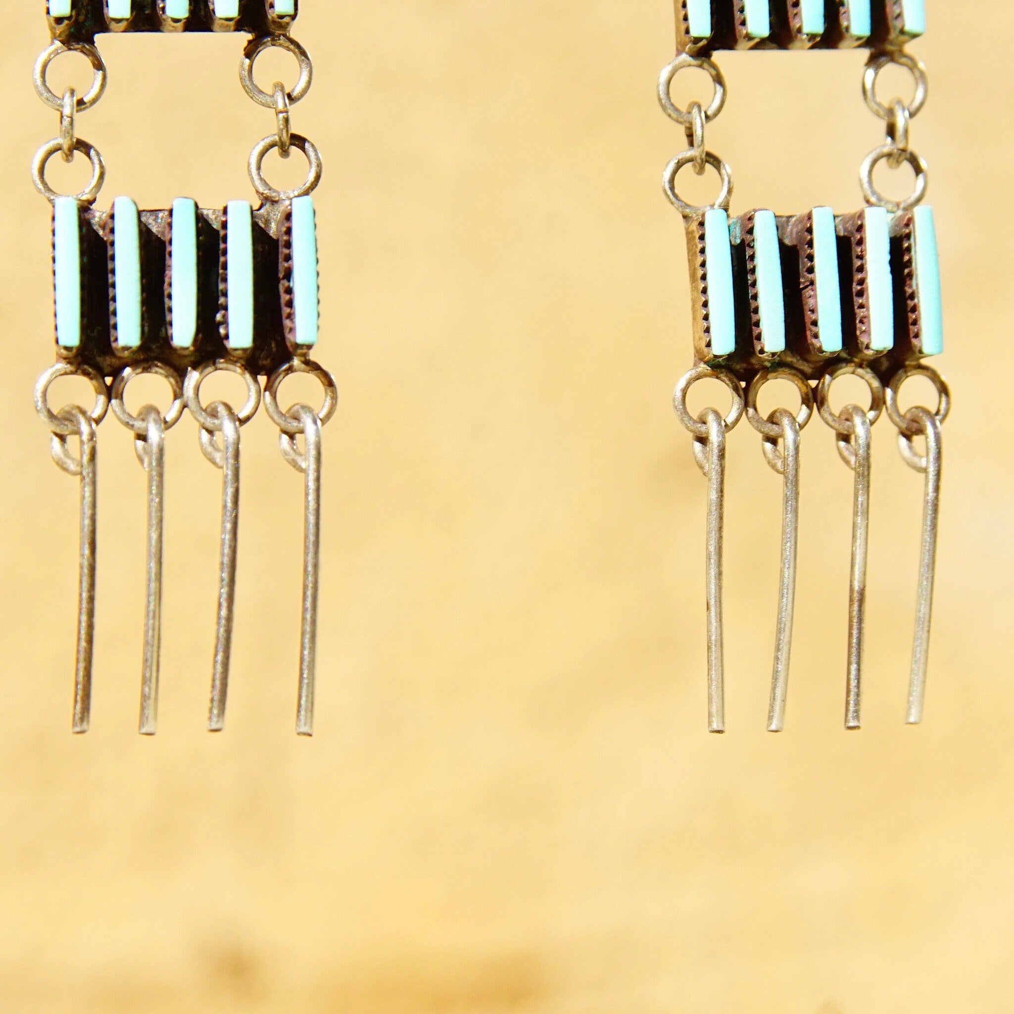 Vintage Zuni Sterling Silver Needlepoint Turquoise Ladder Dangle Earrings, Handmade Chandelier Earrings, Native American Jewelry, 2 3/4 US