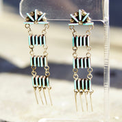Vintage Zuni Sterling Silver Needlepoint Turquoise Ladder Dangle Earrings, Handmade Chandelier Earrings, Native American Jewelry, 2 3/4 US