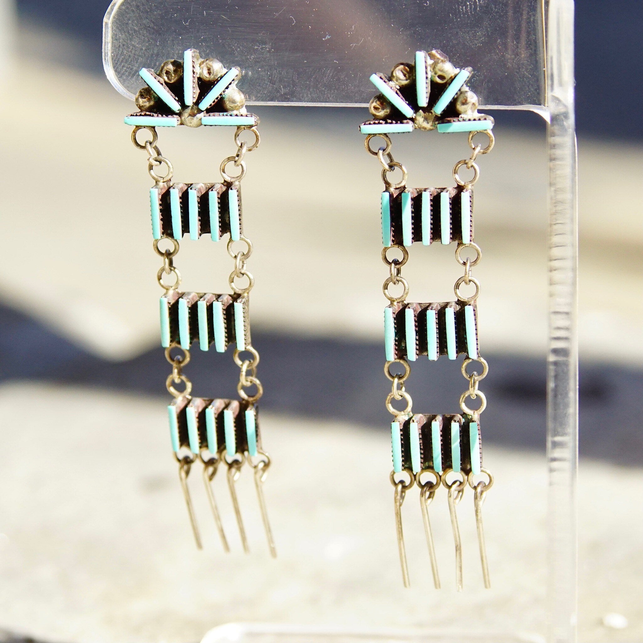 Vintage Zuni Sterling Silver Needlepoint Turquoise Ladder Dangle Earrings, Handmade Chandelier Earrings, Native American Jewelry, 2 3/4 US