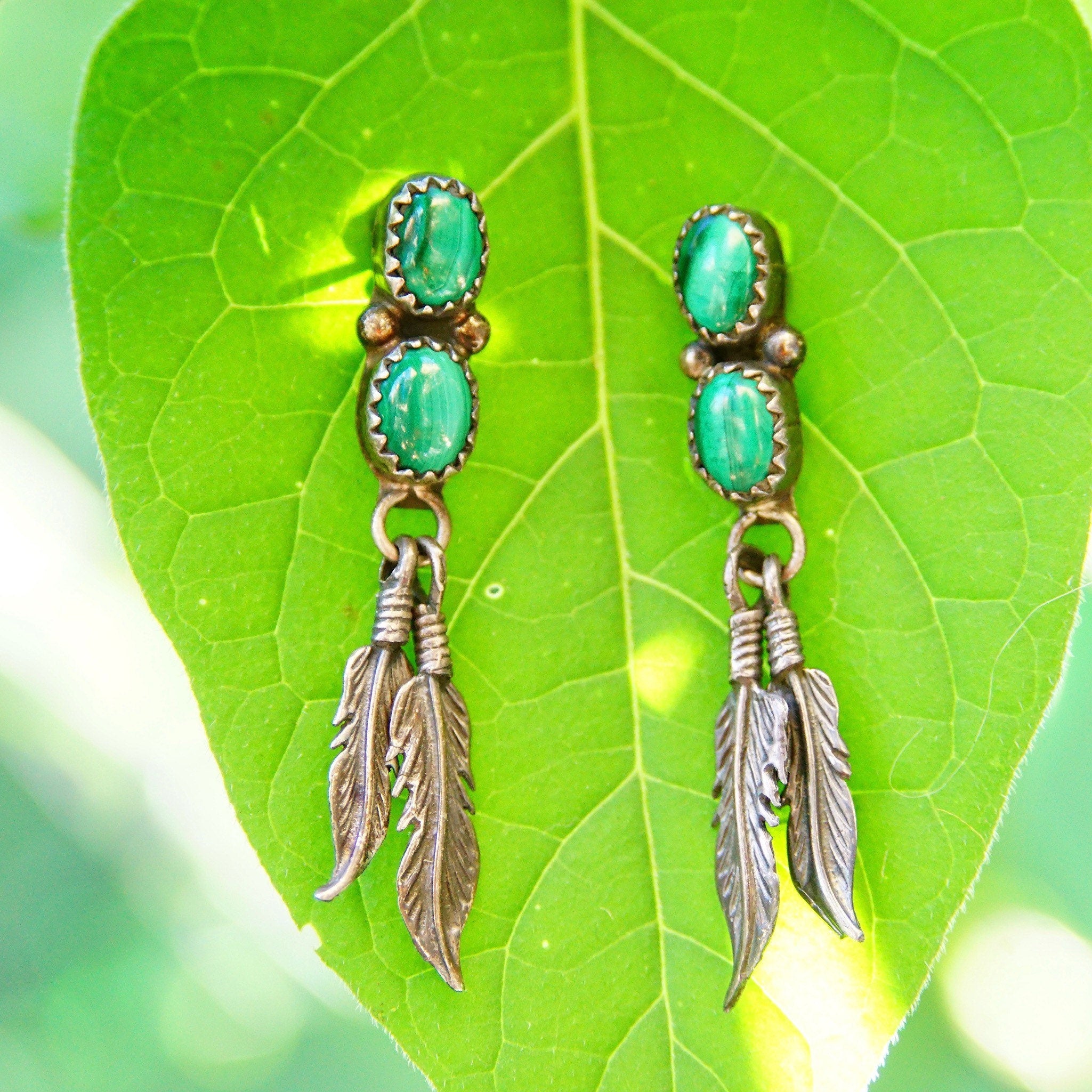Vintage Native American Sterling Silver Malachite Feather Dangle Earrings, Banded Green Gemstone, Silver Feather Tassels, 1 3/4" L