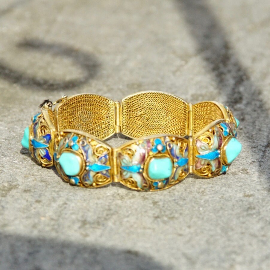 Antique Chinese silver gilt filigree link bracelet with cloisonne enamel turquoise cabochons in an ornate butterfly design, featuring a security chain and original box, measuring 7 inches in length.