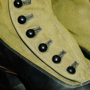 Victorian/Edwardian Women's Black Leather & Fabric Button Up Boots, Two-Tone Heeled Ankle Boots, Trade La France, Size 6-6.5 US