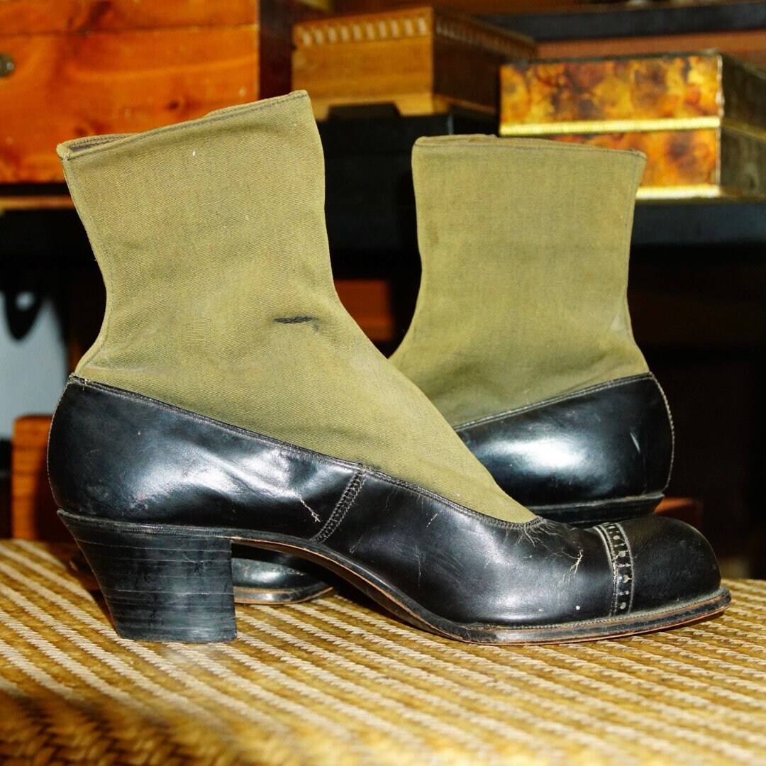 Edwardian Women's Black Leather & Fabric Button Up Boots, Two-Tone Heeled Ankle Boots, Trade La France, Size 6-6.5 US