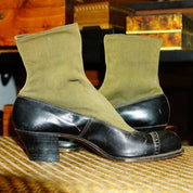 Victorian/Edwardian Women's Black Leather & Fabric Button Up Boots, Two-Tone Heeled Ankle Boots, Trade La France, Size 6-6.5 US