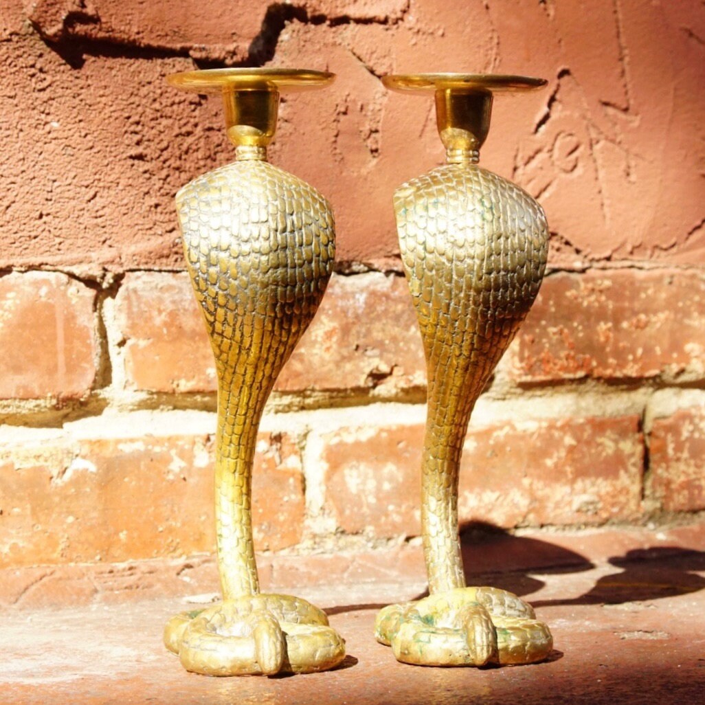 Vintage Rare Solid Brass Cobra Candlestick Holders, Pair Of Textured Standing Brass Snake Candle Stands, Figure-8 Coil Base, 9" H