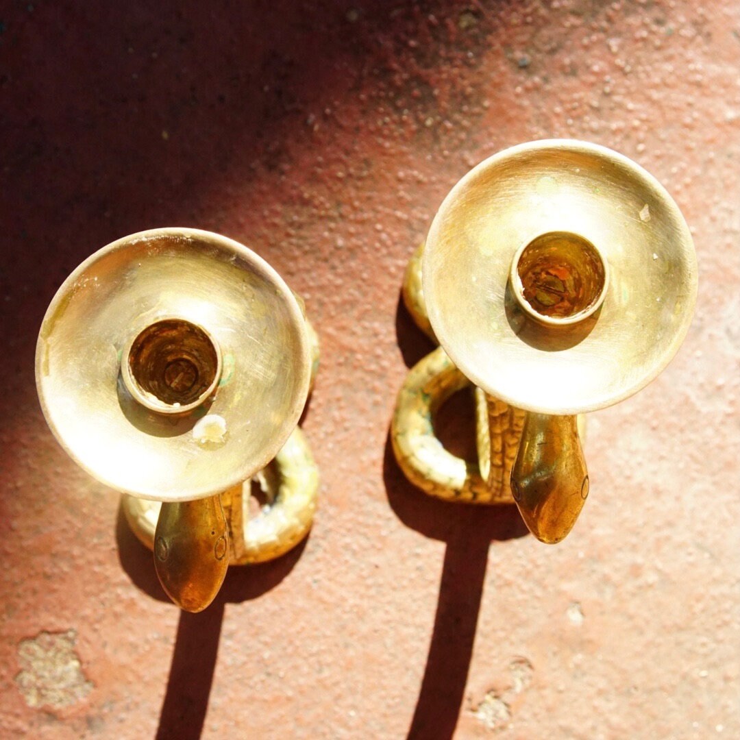Vintage Rare Solid Brass Cobra Candlestick Holders, Pair Of Textured Standing Brass Snake Candle Stands, Figure-8 Coil Base, 9" H