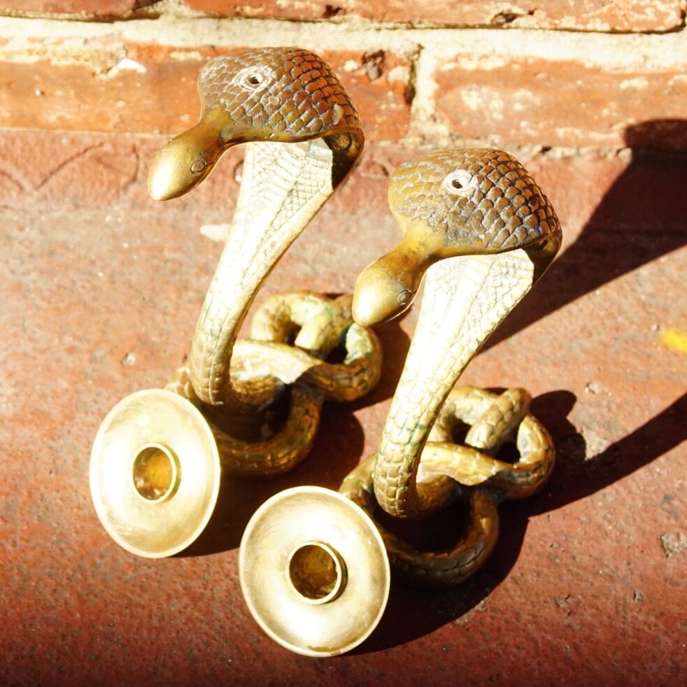 Vintage Rare Solid Brass Cobra Candlestick Holders, Pair Of Textured Standing Brass Snake Candle Stands, Figure-8 Coil Base, 9" H