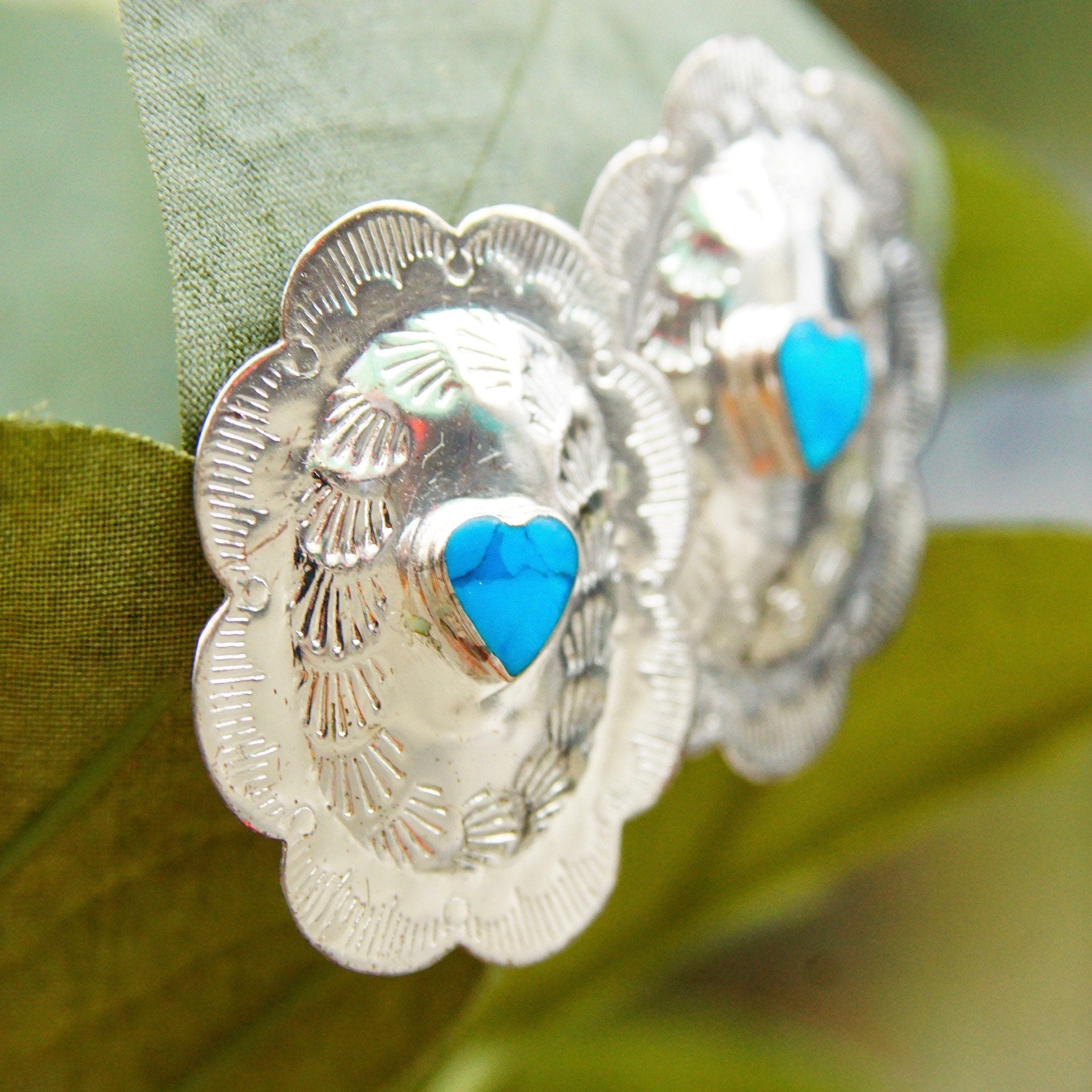 Vintage Native American Sterling Silver Turquoise Heart Concho Earrings, 925 NF, Hammered Silver Studs W/ Heart Shaped Gemstone, 1 3/8"