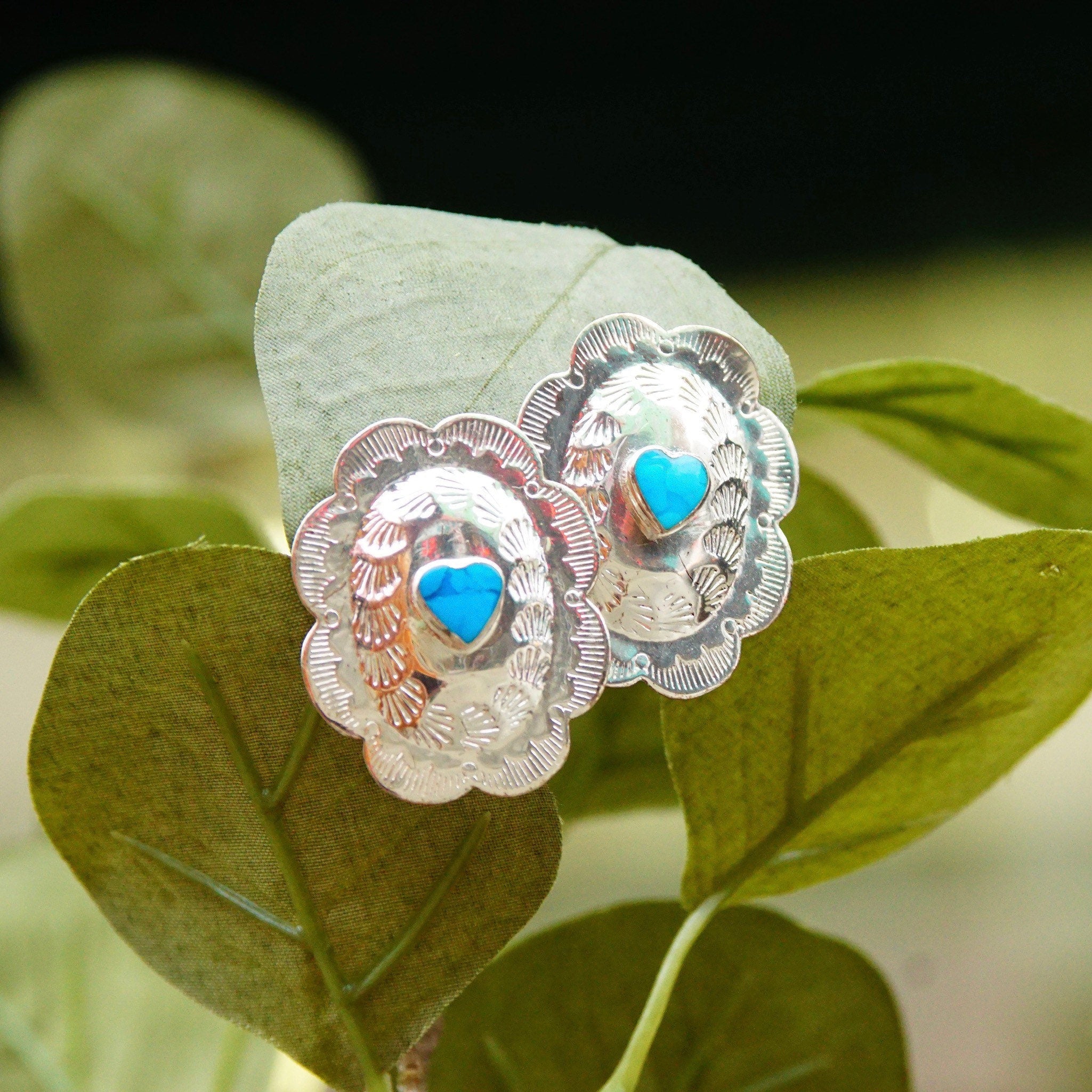 Vintage Native American Sterling Silver Turquoise Heart Concho Earrings, 925 NF, Hammered Silver Studs W/ Heart Shaped Gemstone, 1 3/8"