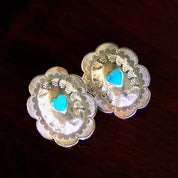 Vintage Native American Sterling Silver Turquoise Heart Concho Earrings, 925 NF, Hammered Silver Studs W/ Heart Shaped Gemstone, 1 3/8"