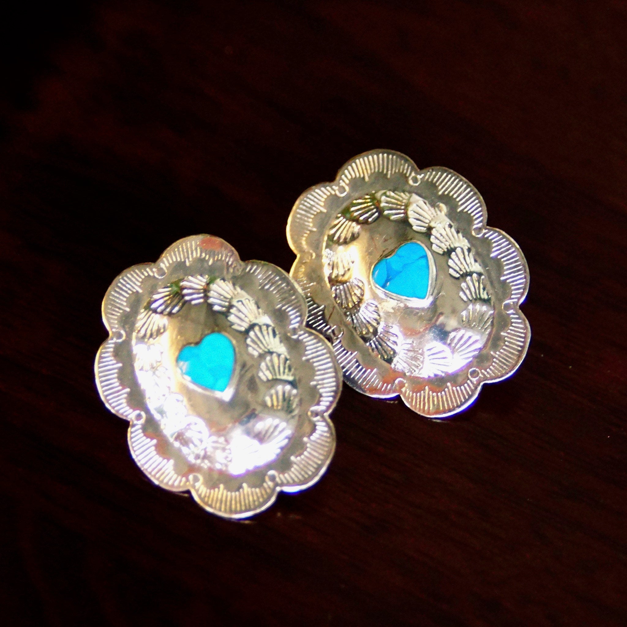 Vintage Native American Sterling Silver Turquoise Heart Concho Earrings, 925 NF, Hammered Silver Studs W/ Heart Shaped Gemstone, 1 3/8"