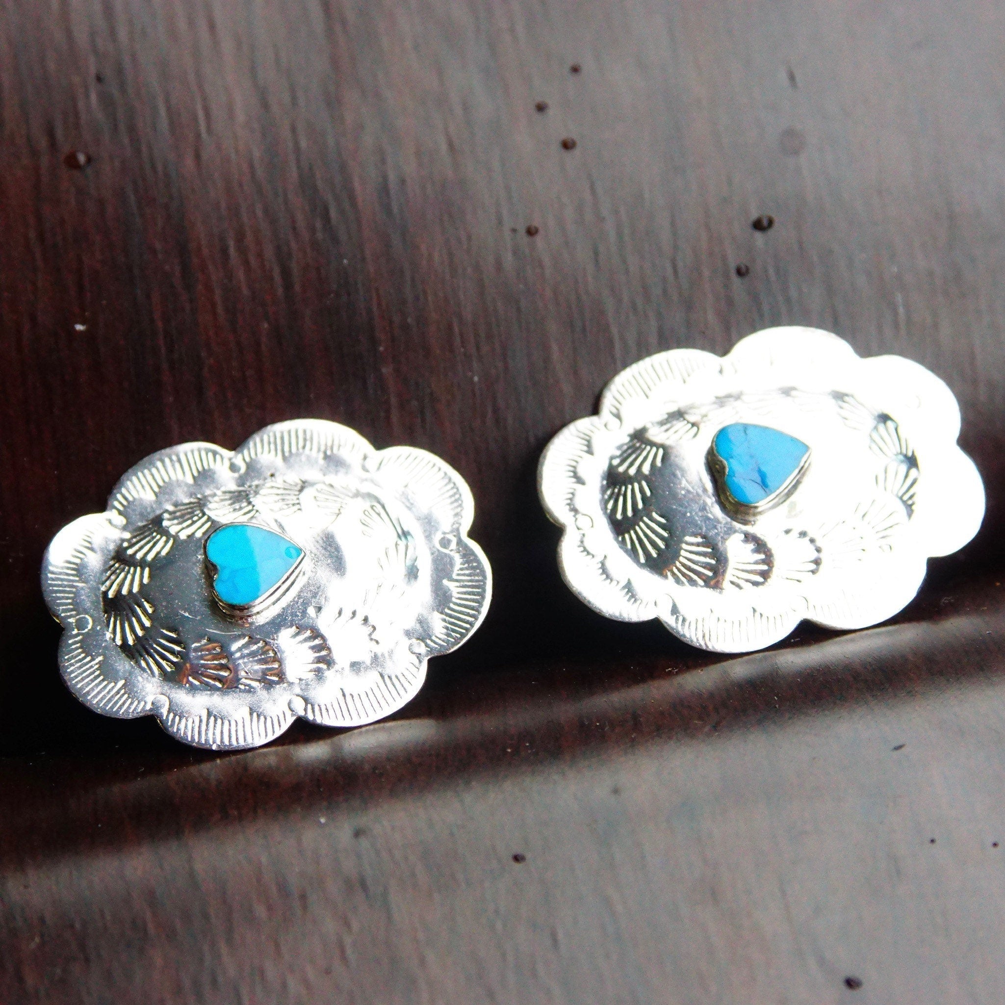 Vintage Native American Sterling Silver Turquoise Heart Concho Earrings, 925 NF, Hammered Silver Studs W/ Heart Shaped Gemstone, 1 3/8"