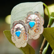Vintage Native American Sterling Silver Turquoise Heart Concho Earrings, 925 NF, Hammered Silver Studs W/ Heart Shaped Gemstone, 1 3/8"