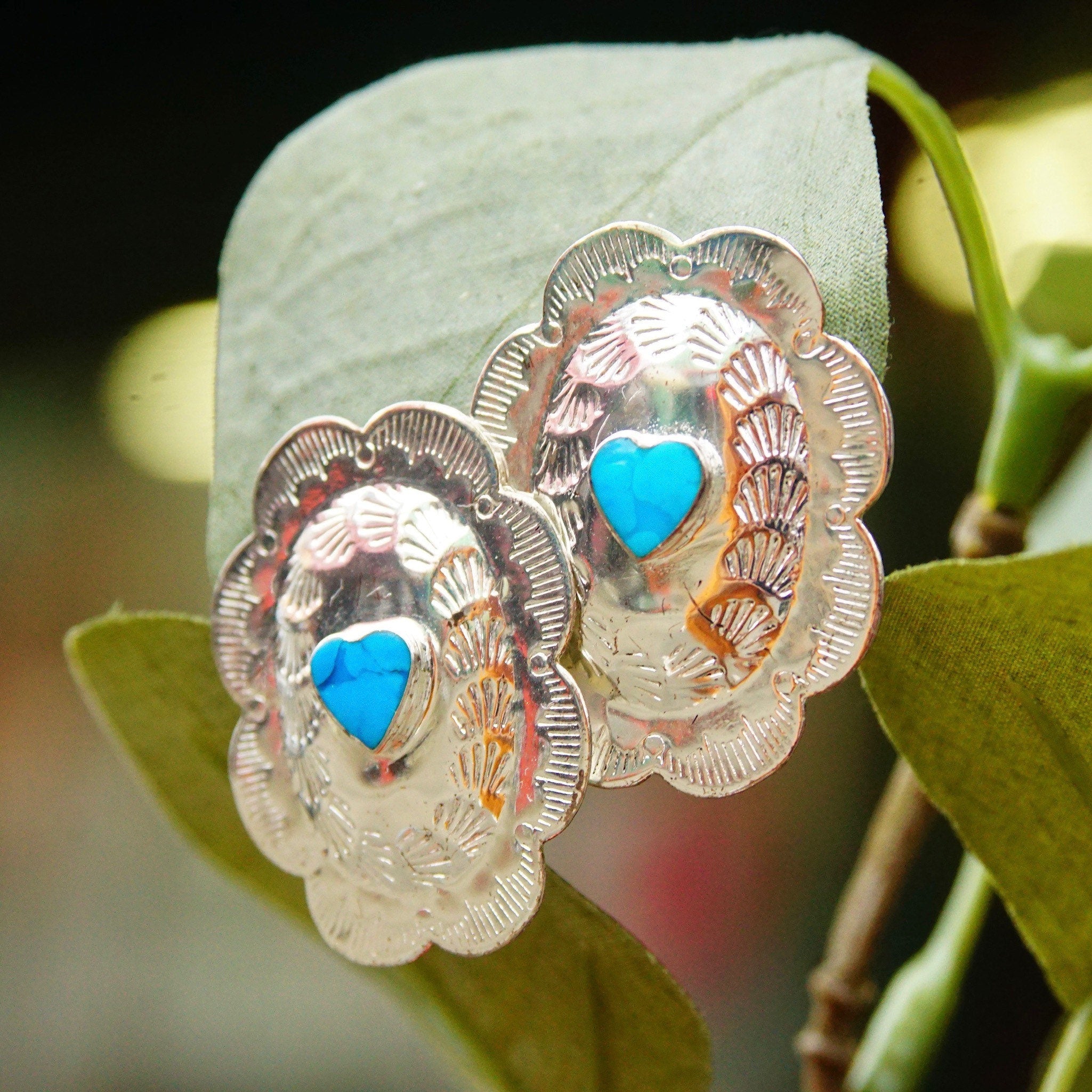 Vintage Native American Sterling Silver Turquoise Heart Concho Earrings, 925 NF, Hammered Silver Studs W/ Heart Shaped Gemstone, 1 3/8"
