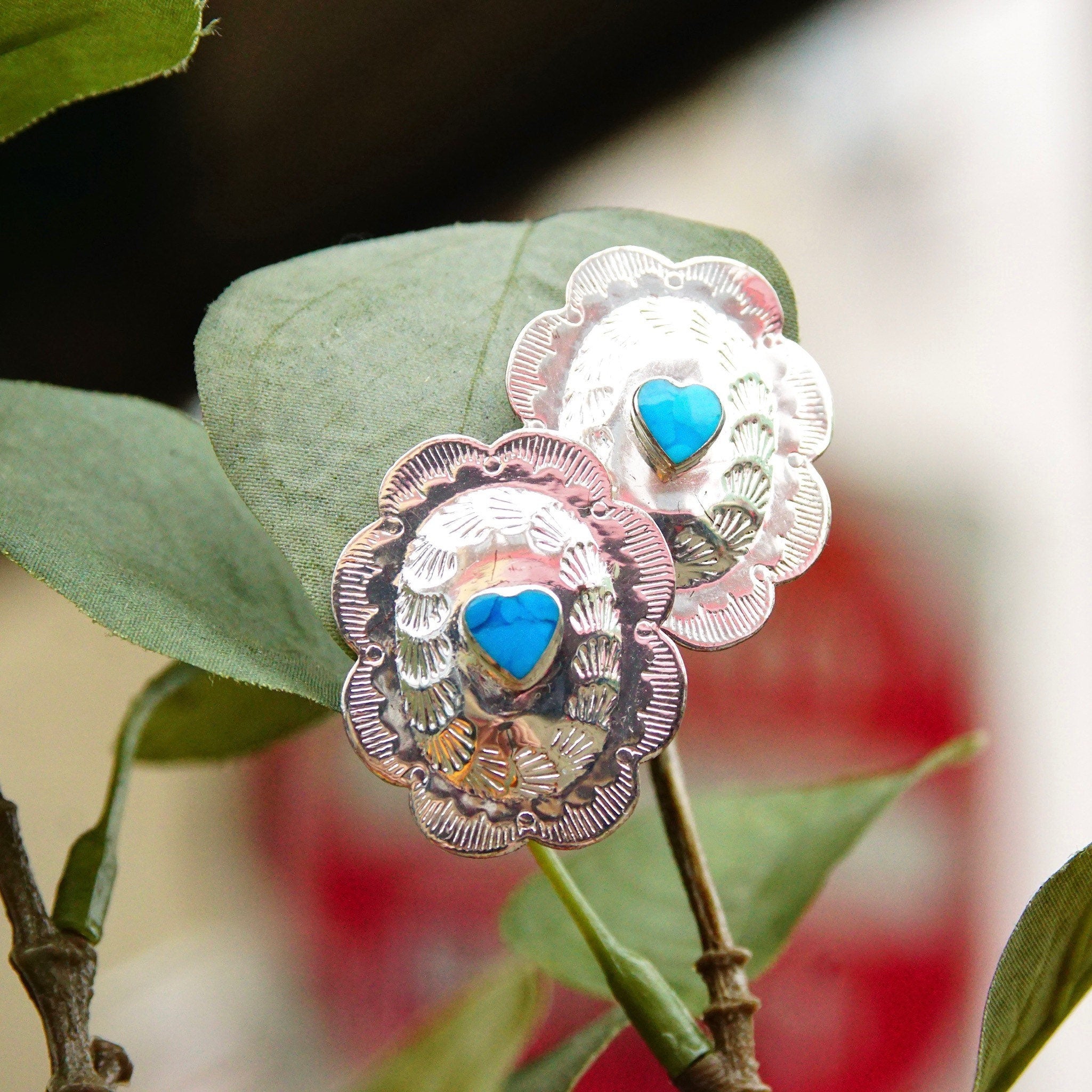 Vintage Native American Sterling Silver Turquoise Heart Concho Earrings, 925 NF, Hammered Silver Studs W/ Heart Shaped Gemstone, 1 3/8"