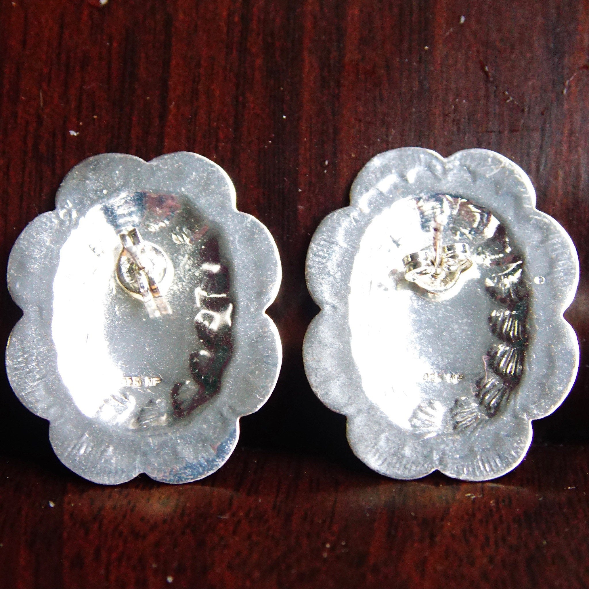Vintage Native American Sterling Silver Turquoise Heart Concho Earrings, 925 NF, Hammered Silver Studs W/ Heart Shaped Gemstone, 1 3/8"