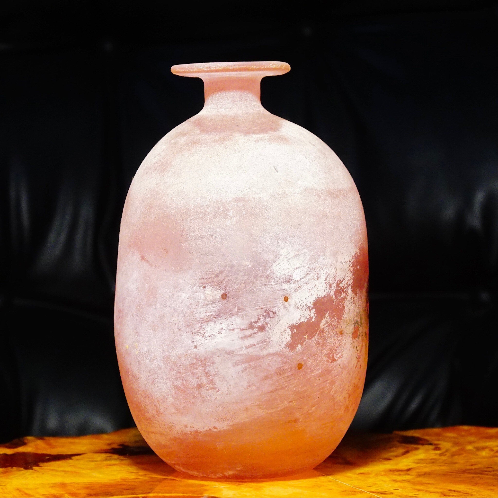 Vintage Signed Cenedese Scavo Murano Frosted Pink Glass Vase, Beautiful Italian Glass Vase, Flat Top Bottle Vase, 7 H