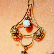 Victorian 14K Gold Opal & Diamond Necklace Pendant, Delicate Gold Wire Frame Teardrop Pendant, Iridescent Gemstone, Accent Diamonds, 1 3/4"