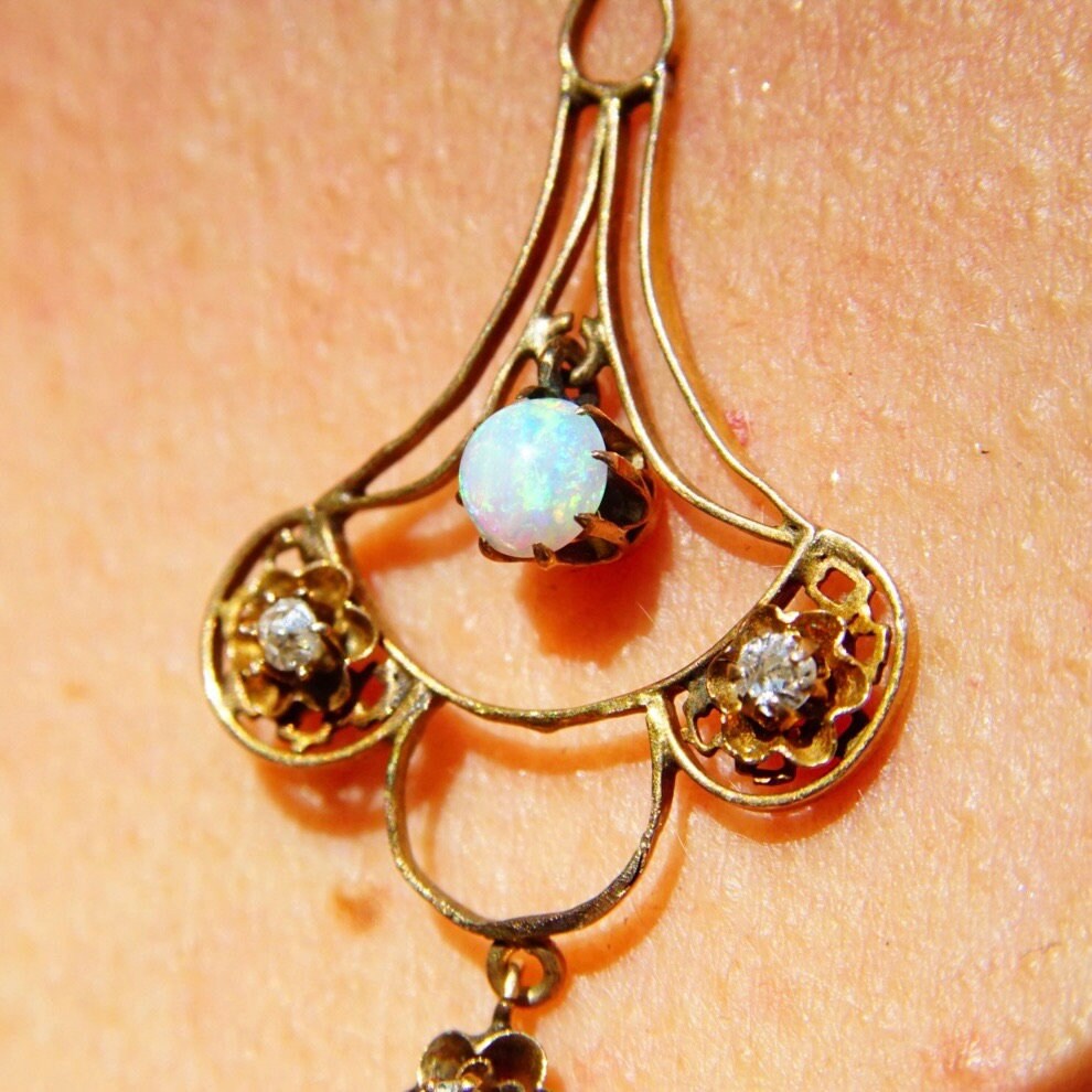 Victorian 14K Gold Opal & Diamond Necklace Pendant, Delicate Gold Wire Frame Teardrop Pendant, Iridescent Gemstone, Accent Diamonds, 1 3/4"
