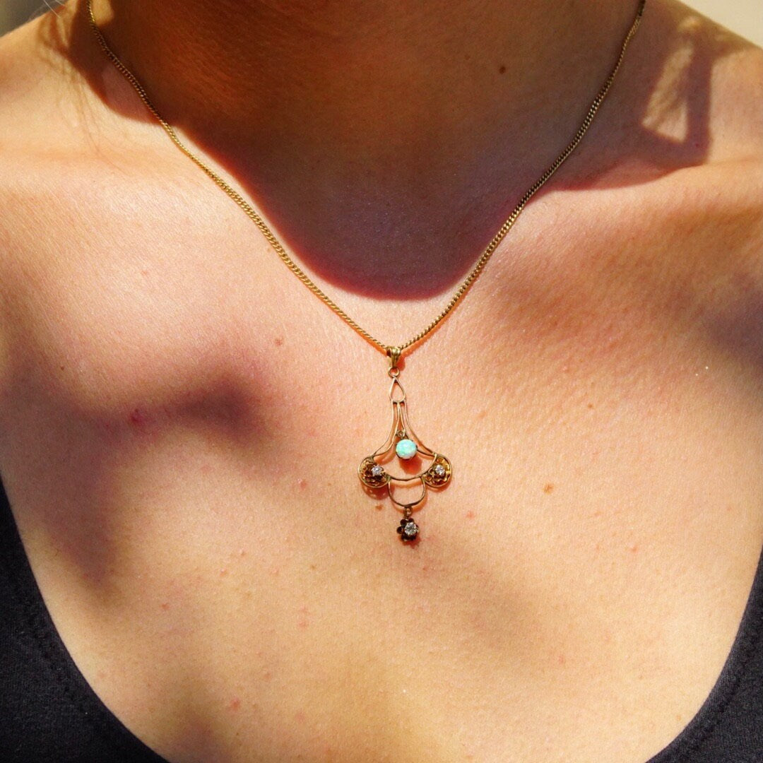 Victorian 14K Gold Opal & Diamond Necklace Pendant, Delicate Gold Wire Frame Teardrop Pendant, Iridescent Gemstone, Accent Diamonds, 1 3/4"