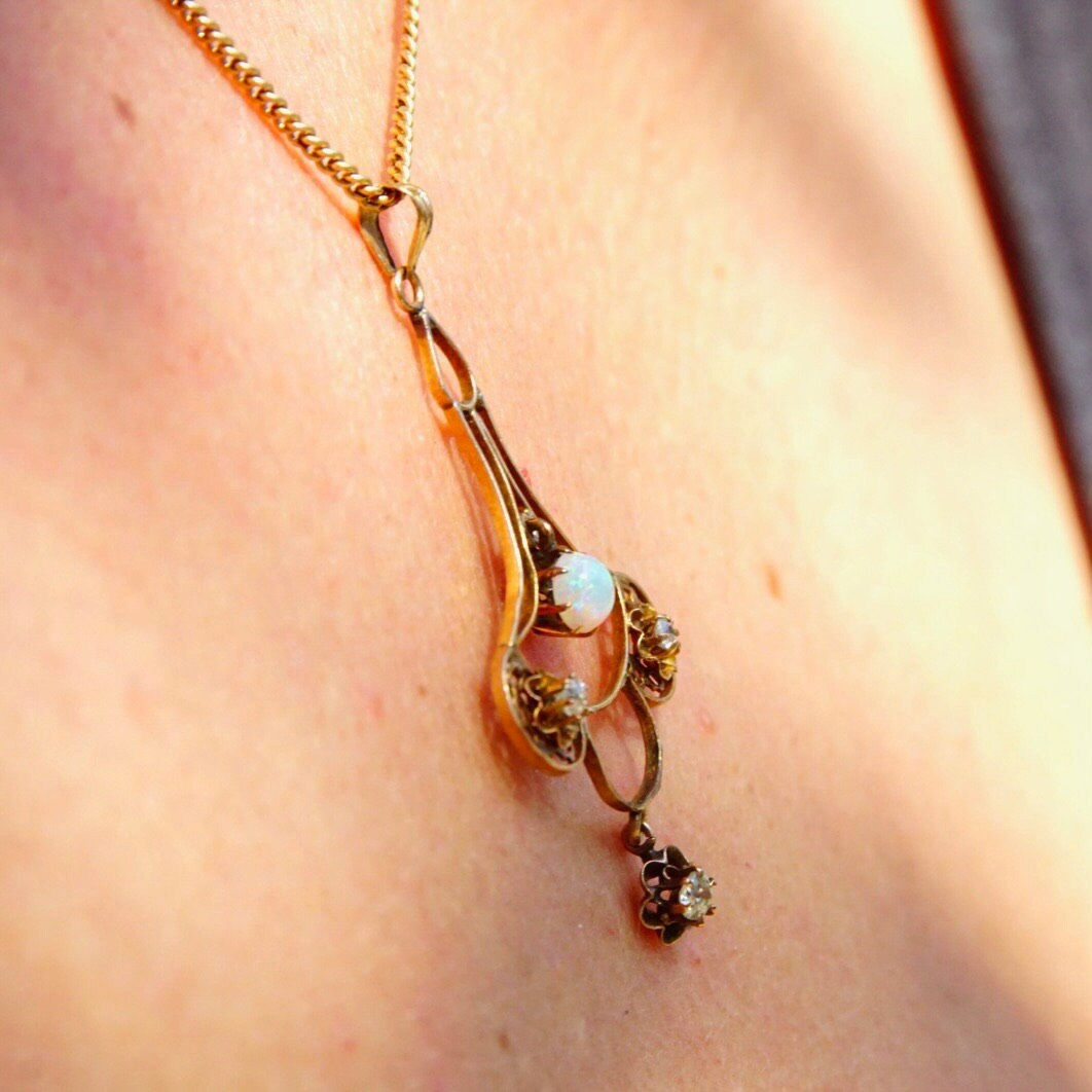 Victorian 14K Gold Opal & Diamond Necklace Pendant, Delicate Gold Wire Frame Teardrop Pendant, Iridescent Gemstone, Accent Diamonds, 1 3/4"
