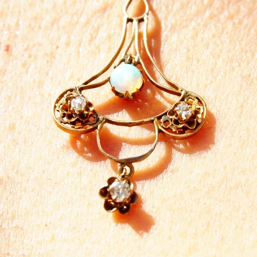 Victorian 14K Gold Opal & Diamond Necklace Pendant, Delicate Gold Wire Frame Teardrop Pendant, Iridescent Gemstone, Accent Diamonds, 1 3/4"