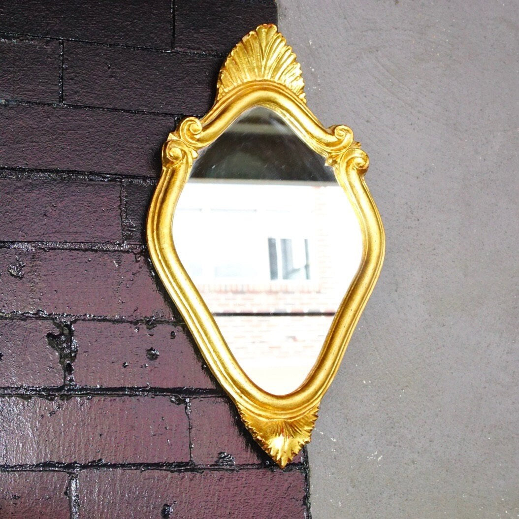 Vintage Handmade Italian Florentine Gilt Mini Mirror, Small Ornate Wood Carved Gold Leaf/Scroll Wall Mirror, Accent Mirror, 16" H x 9.5" W